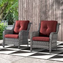 Outdoor Wicker High Back Club Chair With Cushions (Set Of 2) - Grey/Red