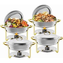 Halamine Chafing Dish Buffet Set, 4 Pack Round Chafers And Buffet Warmers Sets, Roll Top Chafer For Catering Food Warmers With Gold Accents, Buffet