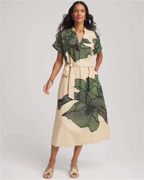 Women's Printed Cotton-Voile Popover Midi Dress In Sandstone Size 12/14-Large | Chico's