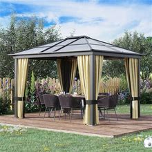 Outsunny Luxury Hardtop Gazebo 12'X10' With Curtains, Outdoor Patio Canopy Shelter, Elegant Design For Garden | Aosom.Com