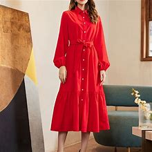 Solid Color Ruffle Hem Belt Dress, Women's Tie Waist Collared Elegant Long Sleeve Spring Women's Clothing Ruffle Hem Dress,Red,All-New,By Temu