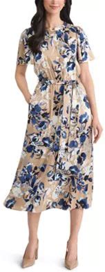 Kasper Women's Floral Print Satin Shirt Dress, Sand, Small