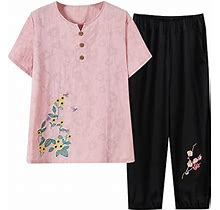 Plus Size Pant Suits Dressy 2023 Summer Cotton Suit Women's Printed Short Sleeve V Neck Top And Straight Leg Pants Suits Loose Middle Aged Elderly Su