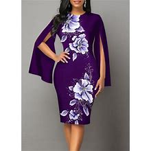 Rosewe Floral Print Split Purple Long Sleeve Bodycon Dress - XXL