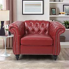RARZOE PU Chesterfield Chairs, Chesterfield Faux Leather Club Chair, Chesterfield Button Tufted Leather Accent Chair With Nailhead Trim Scrolled Arms