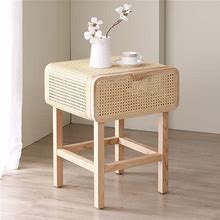 Wooden Natural Rattan Nightstand For Bedroom Living Room Storage Bedside Table