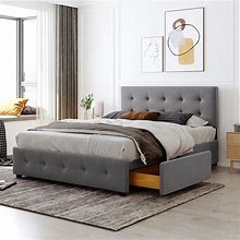 Linen Upholstered Platform Bed With Button-Tufted Headboard And Drawers