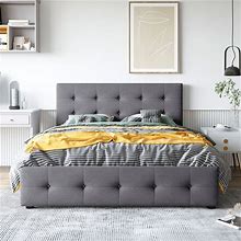 Linen Upholstered Platform Bed With Button-Tufted Headboard And Drawers, Queen Size