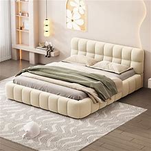 Queen Size Upholstered Platform Bed Frame, Thick Linen Fabric Upholstered Grounded Bed With Solid Frame And Tufted Headboard, Mattress Foundation, Wo