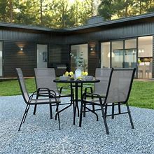 Lancaster Home 5 Piece Patio Dining Set - Glass Table 4 Flex Stack Chairs Gray