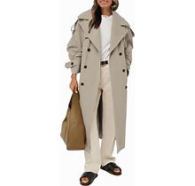 Farktop Womens Oversized Long Trench Coat Double Breasted Lapel Windproof Overcoat With Belt