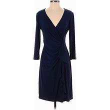 Black Label By Evan Picone Casual Dress - Wrap V-Neck 3/4 Sleeve: Blue Dresses - Women's Size 2