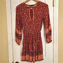 American Eagle Red Floral Long Sleeve Dress Boho Smocked Stretch Waist Size XS