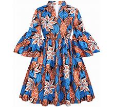 Womens African Ankara Print Maxi Dress Traditional Casual Outfits Fashion Lotus Sleeve V Neck African Dresses Women