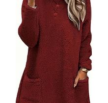 Plus Size Solid Color Round Neck Pocket Pullover, Hoodie, Women's Casual Fuzzy Fleece Long Sleeve With Pockets Sweatshirt,Red,Hot Item,Temu