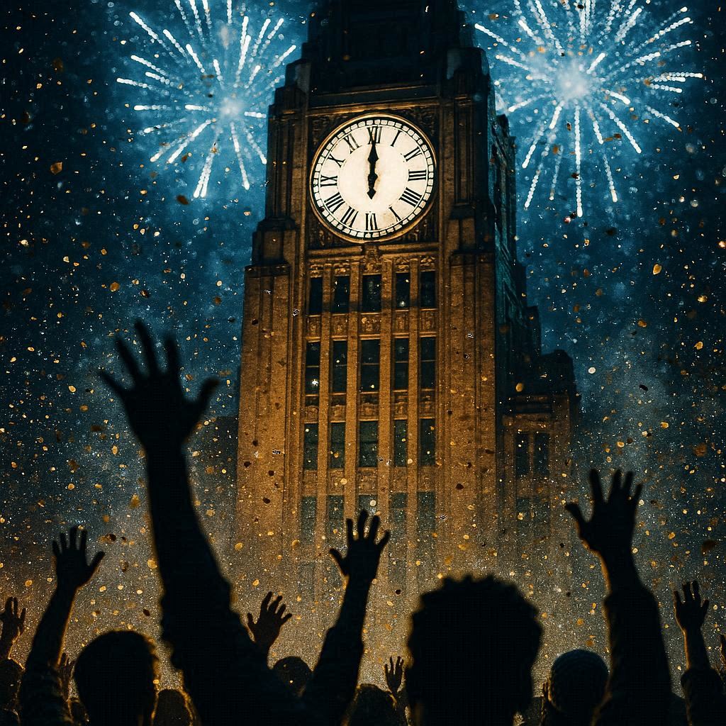 A vibrant, hyper-realistic shot of a massive, art deco style clock tower striking midnight on New Year's Eve. The air is thick with glittering gold and silver confetti descending slowly. The scene is illuminated by the harsh, cool glow of spectacular pyrotechnics bursting high above. Foreground focus on a diverse crowd silhouetted, hands raised in celebration. Cinematic lighting, deep shadows, shallow depth of field, 85mm lens, high-speed photography.