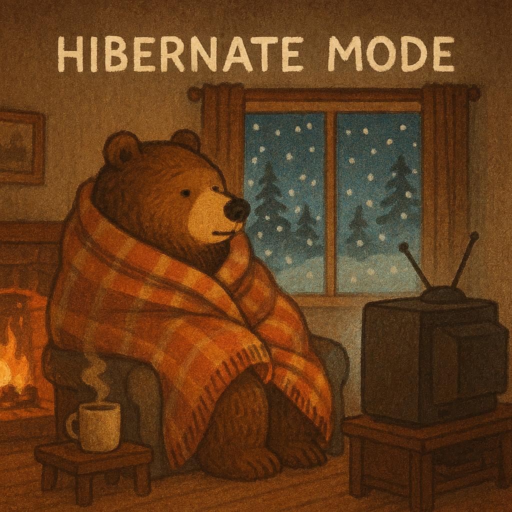 A cozy 1:1 winter scene captioned “Hibernate Mode” with a bear wrapped in a blanket watching TV.